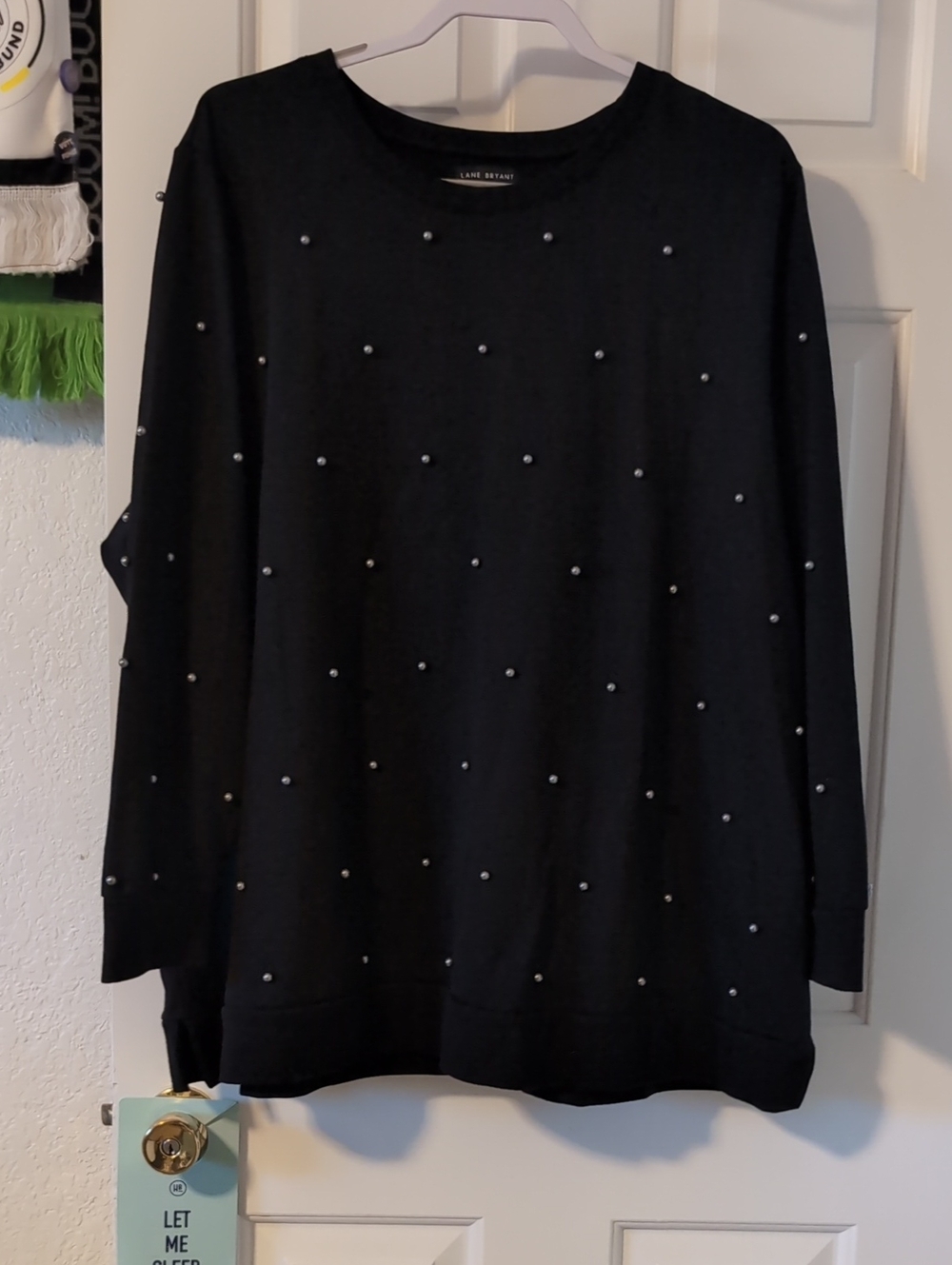 Lane Bryant Black Crewneck Sweater with Pearl Studs